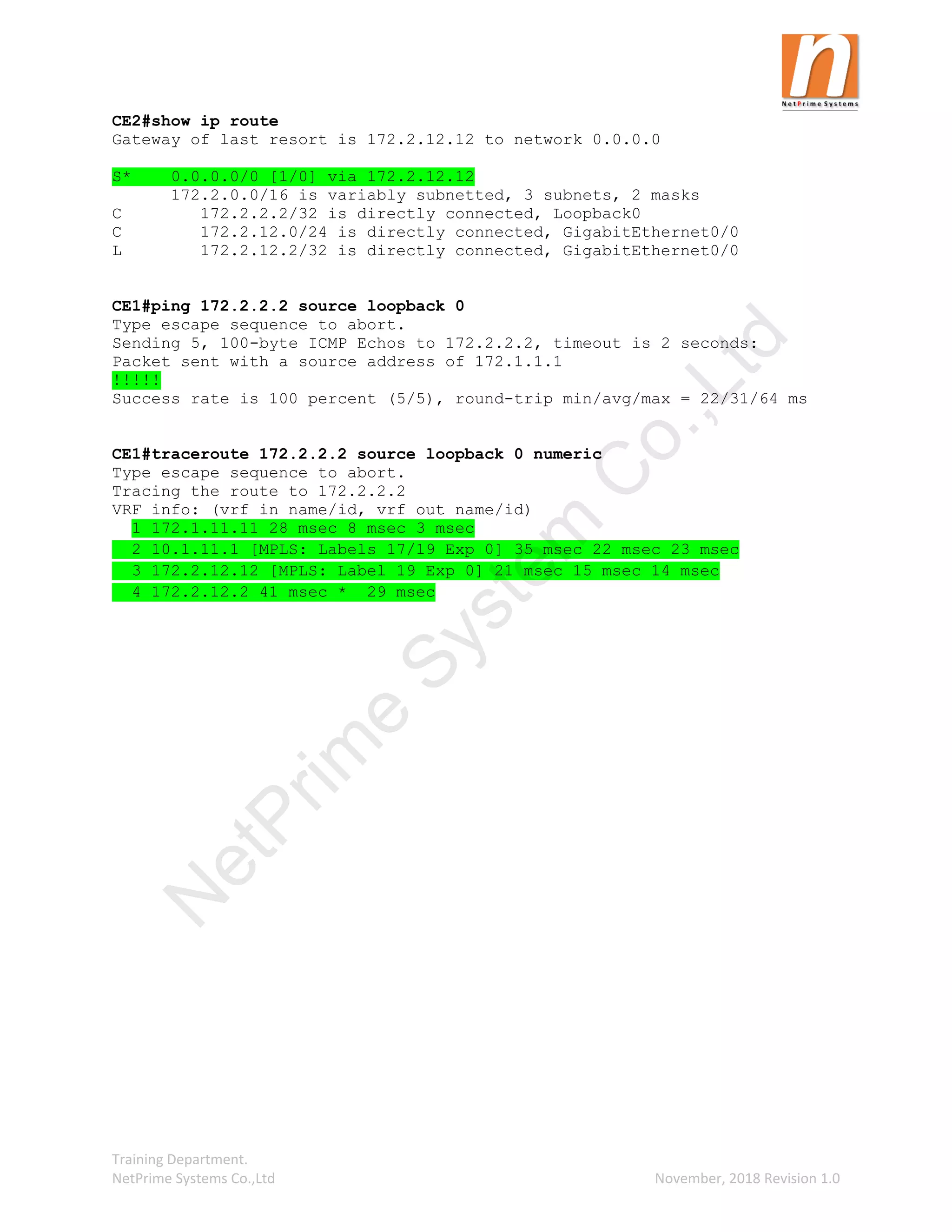 Training Department.
NetPrime Systems Co.,Ltd November, 2018 Revision 1.0
CE2#show ip route
Gateway of last resort is 172.2.12.12 to network 0.0.0.0
S* 0.0.0.0/0 [1/0] via 172.2.12.12
172.2.0.0/16 is variably subnetted, 3 subnets, 2 masks
C 172.2.2.2/32 is directly connected, Loopback0
C 172.2.12.0/24 is directly connected, GigabitEthernet0/0
L 172.2.12.2/32 is directly connected, GigabitEthernet0/0
CE1#ping 172.2.2.2 source loopback 0
Type escape sequence to abort.
Sending 5, 100-byte ICMP Echos to 172.2.2.2, timeout is 2 seconds:
Packet sent with a source address of 172.1.1.1
!!!!!
Success rate is 100 percent (5/5), round-trip min/avg/max = 22/31/64 ms
CE1#traceroute 172.2.2.2 source loopback 0 numeric
Type escape sequence to abort.
Tracing the route to 172.2.2.2
VRF info: (vrf in name/id, vrf out name/id)
1 172.1.11.11 28 msec 8 msec 3 msec
2 10.1.11.1 [MPLS: Labels 17/19 Exp 0] 35 msec 22 msec 23 msec
3 172.2.12.12 [MPLS: Label 19 Exp 0] 21 msec 15 msec 14 msec
4 172.2.12.2 41 msec * 29 msec
N
e
t
P
r
i
m
e
S
y
s
t
e
m
C
o
.
,
L
t
d
 