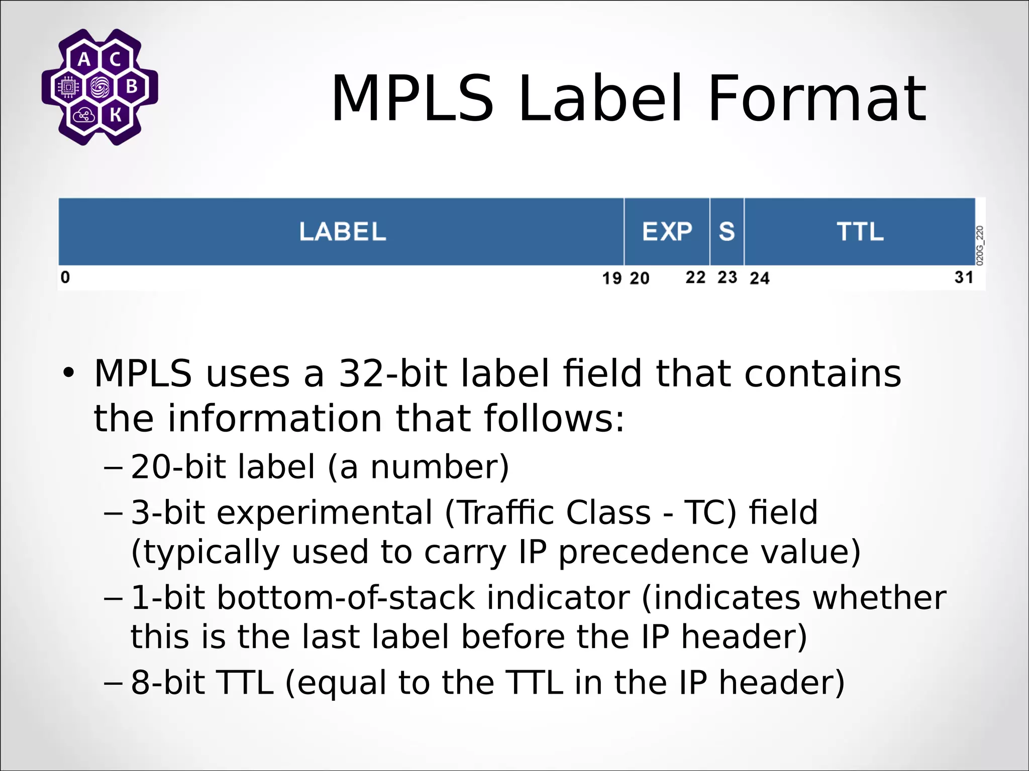 MPLS Label Format
• MPLS uses a 32-bit label field that contains
the information that follows:
– 20-bit label (a number)
– 3-bit experimental (Traffic Class - TC) field
(typically used to carry IP precedence value)
– 1-bit bottom-of-stack indicator (indicates whether
this is the last label before the IP header)
– 8-bit TTL (equal to the TTL in the IP header)
 