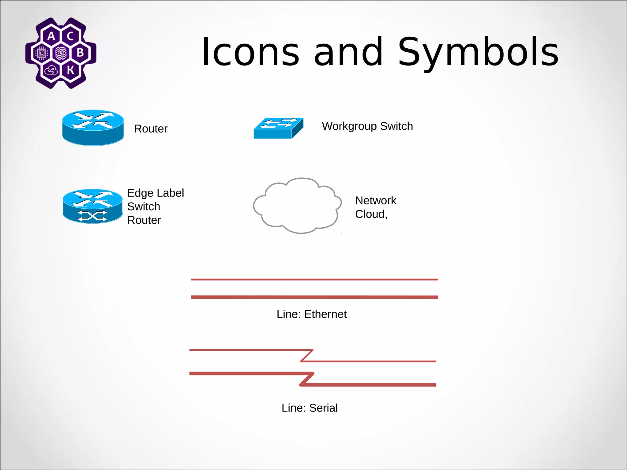 Icons and Symbols
Router Workgroup Switch
Edge Label
Switch
Router
Line: Serial
Line: Ethernet
Network
Cloud,
 