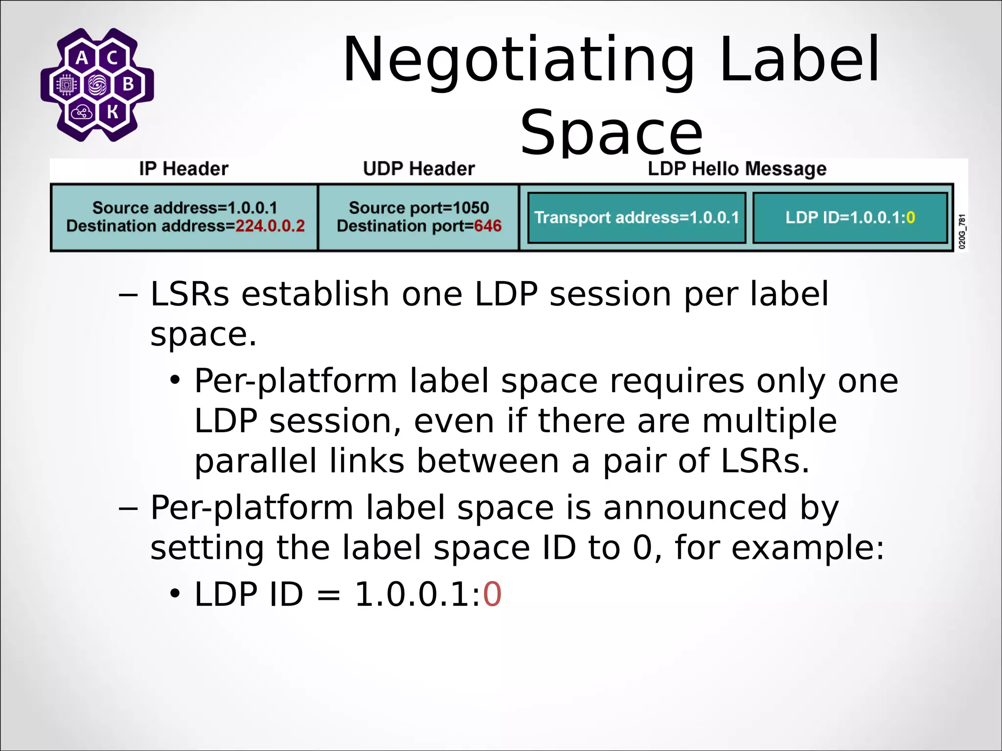 Negotiating Label
Space
– LSRs establish one LDP session per label
space.
• Per-platform label space requires only one
LDP session, even if there are multiple
parallel links between a pair of LSRs.
– Per-platform label space is announced by
setting the label space ID to 0, for example:
• LDP ID = 1.0.0.1:0
 