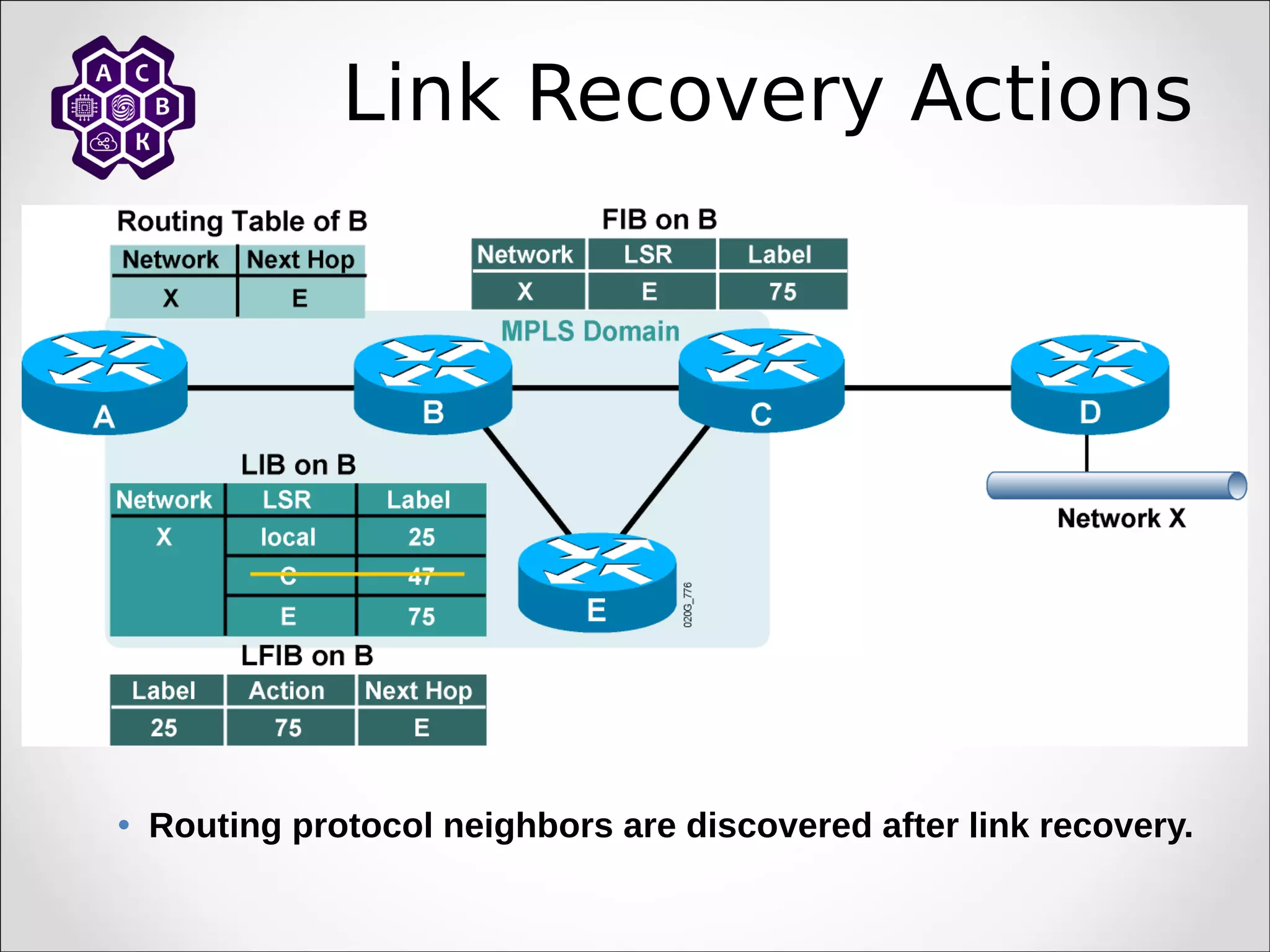 Link Recovery Actions
• Routing protocol neighbors are discovered after link recovery.
 