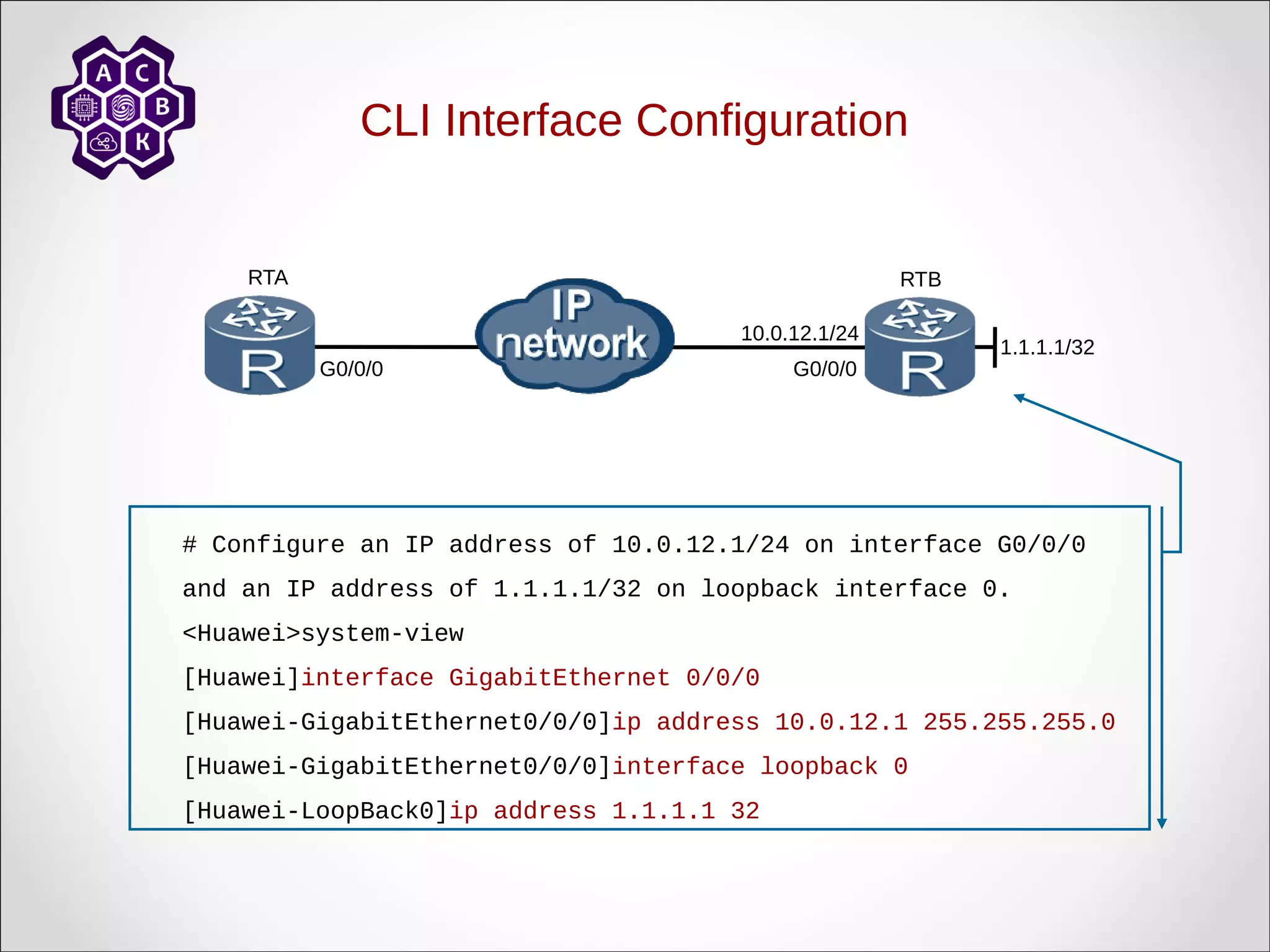 CLI Interface Configuration
RTA RTB
G0/0/0 G0/0/0
10.0.12.1/24
1.1.1.1/32
# Configure an IP address of 10.0.12.1/24 on interface G0/0/0
and an IP address of 1.1.1.1/32 on loopback interface 0.
<Huawei>system-view
[Huawei]interface GigabitEthernet 0/0/0
[Huawei-GigabitEthernet0/0/0]ip address 10.0.12.1 255.255.255.0
[Huawei-GigabitEthernet0/0/0]interface loopback 0
[Huawei-LoopBack0]ip address 1.1.1.1 32
 