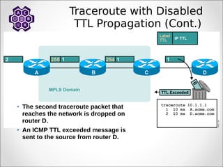 Traceroute with Disabled
TTL Propagation (Cont.)
• The second traceroute packet that
reaches the network is dropped on
router D.
• An ICMP TTL exceeded message is
sent to the source from router D.
 