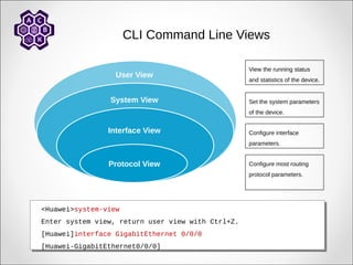 CLI Command Line Views
Interface View
User View
System View
Protocol View
<Huawei>system-view
Enter system view, return user view with Ctrl+Z.
[Huawei]interface GigabitEthernet 0/0/0
[Huawei-GigabitEthernet0/0/0]
<Huawei>system-view
Enter system view, return user view with Ctrl+Z.
[Huawei]interface GigabitEthernet 0/0/0
[Huawei-GigabitEthernet0/0/0]
View the running status
and statistics of the device.
Set the system parameters
of the device.
Configure interface
parameters.
Configure most routing
protocol parameters.
 
