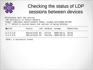 Checking the status of LDP
sessions between devices
[R2]display mpls ldp session
LDP Session(s) in Public Network
Codes: LAM(Label Advertisement Mode), SsnAge Unit(DDDD:HH:MM)
A '*' before a session means the session is being deleted.
----------------------------------------------------------------------------
PeerID Status LAM SsnRole SsnAge KASent/Rcv
----------------------------------------------------------------------------
2.2.2.2:0 Operational DU Active 0000:00:11 46/46
4.4.4.4:0 Operational DU Passive 0000:00:10 43/43
----------------------------------------------------------------------------
TOTAL: 2 session(s) Found.

 