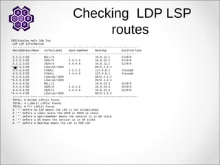 Checking LDP LSP
routes
[R2]display mpls ldp lsp
LDP LSP Information
----------------------------------------------------------------------------
DestAddress/Mask In/OutLabel UpstreamPeer NextHop OutInterface
----------------------------------------------------------------------------
2.2.2.2/32 NULL/3 - 10.0.12.1 S1/0/0
2.2.2.2/32 1024/3 2.2.2.2 10.0.12.1 S1/0/0
2.2.2.2/32 1024/3 4.4.4.4 10.0.12.1 S1/0/0
*2.2.2.2/32 Liberal/1024 DS/4.4.4.4
3.3.3.3/32 3/NULL 2.2.2.2 127.0.0.1 InLoop0
3.3.3.3/32 3/NULL 4.4.4.4 127.0.0.1 InLoop0
*3.3.3.3/32 Liberal/1024 DS/2.2.2.2
*3.3.3.3/32 Liberal/1025 DS/4.4.4.4
4.4.4.4/32 NULL/3 - 10.0.23.3 S2/0/0
4.4.4.4/32 1025/3 2.2.2.2 10.0.23.3 S2/0/0
4.4.4.4/32 1025/3 4.4.4.4 10.0.23.3 S2/0/0
*4.4.4.4/32 Liberal/1025 DS/2.2.2.2
----------------------------------------------------------------------------
TOTAL: 8 Normal LSP(s) Found.
TOTAL: 4 Liberal LSP(s) Found.
TOTAL: 0 Frr LSP(s) Found.
A '*' before an LSP means the LSP is not established
A '*' before a Label means the USCB or DSCB is stale
A '*' before a UpstreamPeer means the session is in GR state
A '*' before a DS means the session is in GR state
A '*' before a NextHop means the LSP is FRR LSP

 