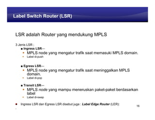 Learning Center
Label Switch Router (LSR)


LSR adalah Router yang mendukung MPLS

3 Jenis LSR ;
    ■ Ingress LSR—
        MPLS node yang mengatur trafik saat memasuki MPLS domain.
        Label di-push


    ■ Egress LSR—
        MPLS node yang mengatur trafik saat meninggalkan MPLS
        domain.
        Label di-pop

    ■ Transit LSR—
        MPLS node yang mampu meneruskan paket-paket berdasarkan
        label
        Label di-swap

    Ingress LSR dan Egress LSR disebut juga : Label Edge Router (LER):
                                                                            16
.
 