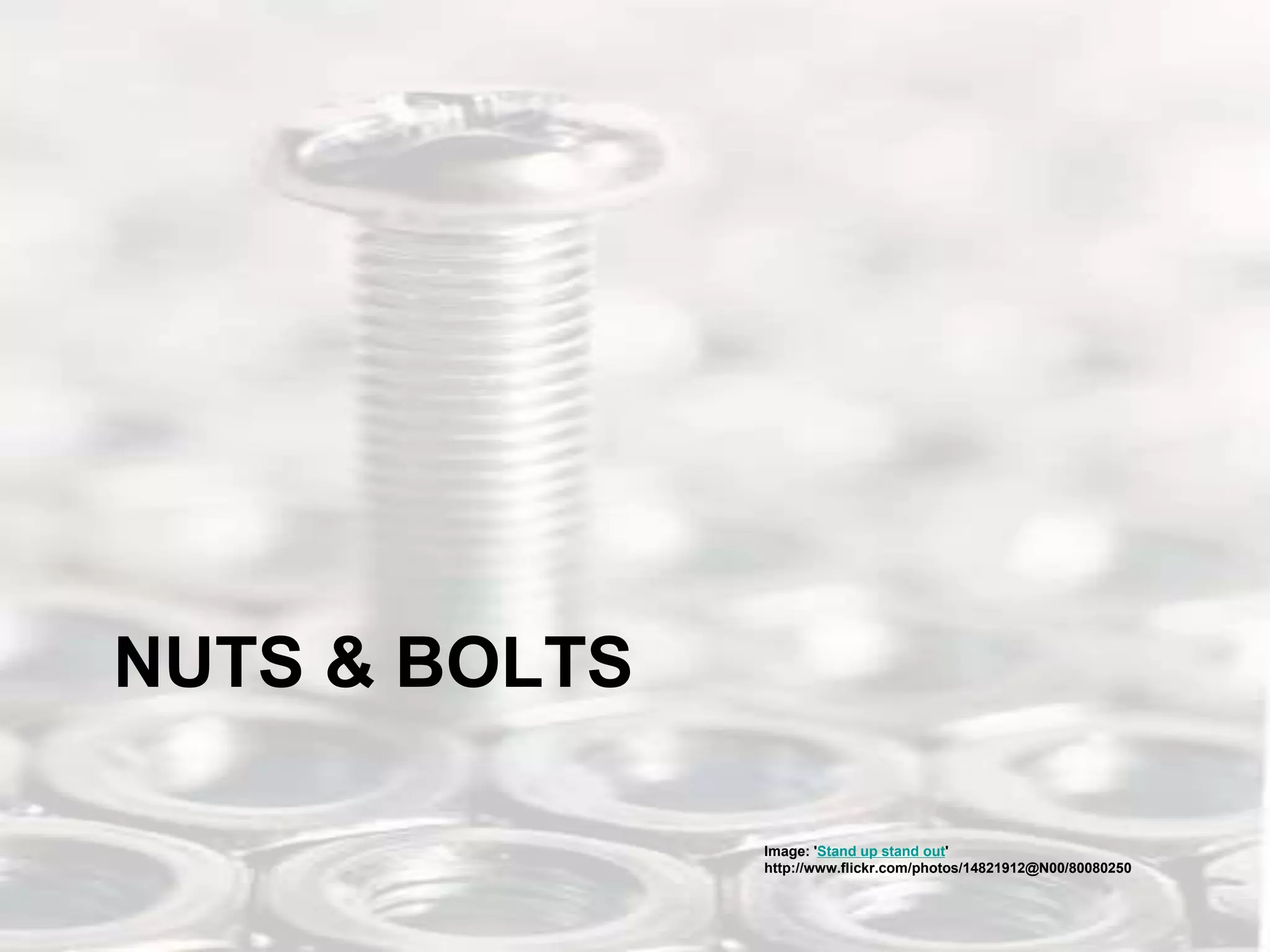 NUTS & BOLTS
Image: 'Stand up stand out'
http://www.flickr.com/photos/14821912@N00/80080250
 
