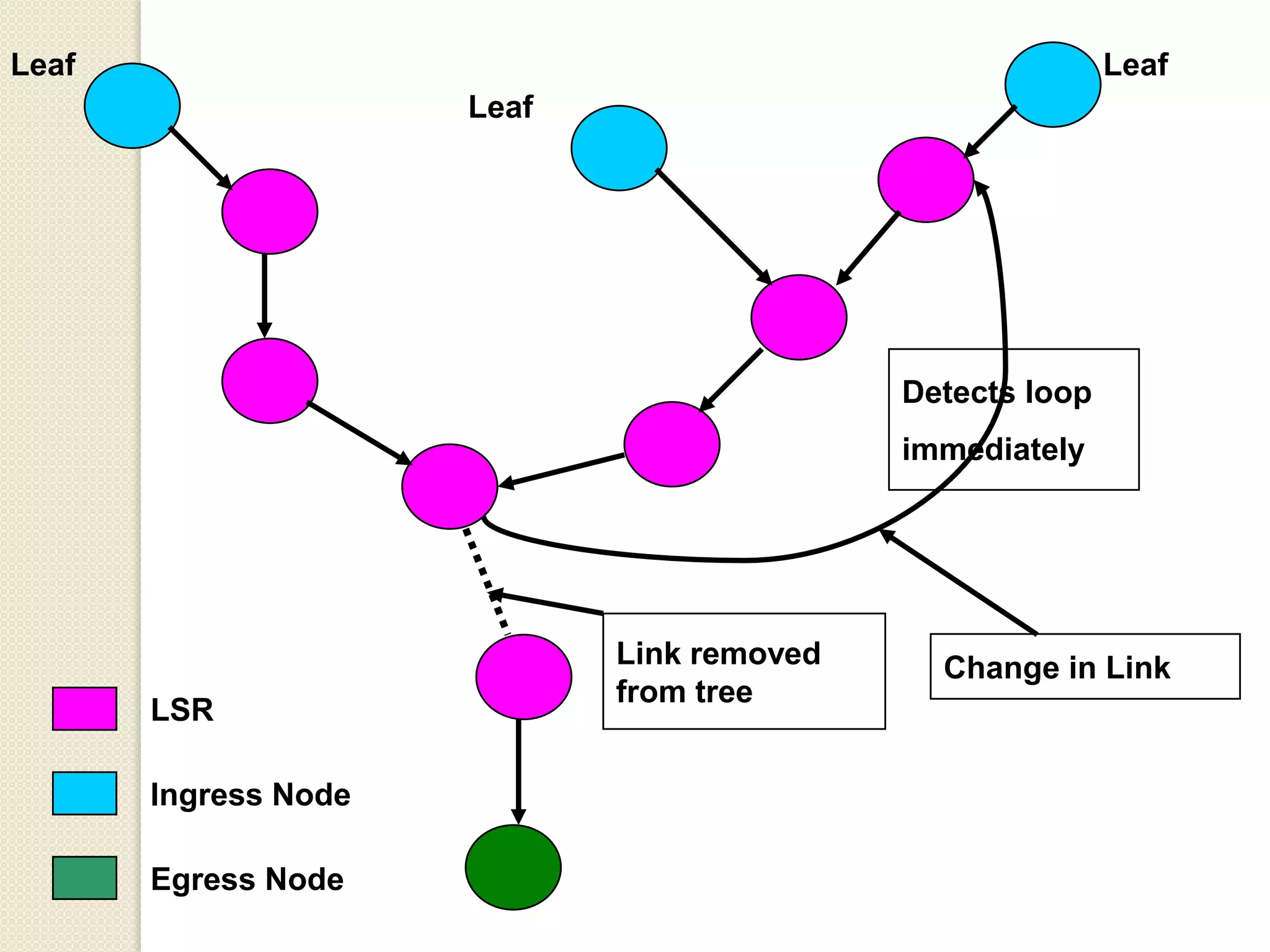 Leaf                                                       Leaf
                      Leaf




                                            Detects loop
                                            immediately




                             Link removed     Change in Link
                             from tree
       LSR

       Ingress Node

       Egress Node
 