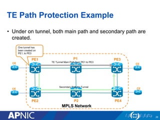 TE Path Protection Example
• Under on tunnel, both main path and secondary path are
created.
29
PE1
PE2
MPLS Network
PE3
PE4
P1
P2
TE Tunnel Main Path from PE1 to PE3
CE
CE
CE
CE
Secondary Path for Tunnel
One tunnel has
been created on
PE1, to PE3
 