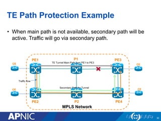 TE Path Protection Example
• When main path is not available, secondary path will be
active. Traffic will go via secondary path.
30
PE1
PE2
MPLS Network
PE3
PE4
P1
P2
TE Tunnel Main Path from PE1 to PE3
CE
CE
CE
CE
Secondary Path for Tunnel
Traffic flow
 