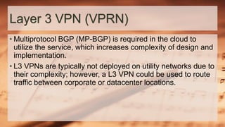 Layer 3 VPN (VPRN)
• Multiprotocol BGP (MP-BGP) is required in the cloud to
utilize the service, which increases complexity of design and
implementation.
• L3 VPNs are typically not deployed on utility networks due to
their complexity; however, a L3 VPN could be used to route
traffic between corporate or datacenter locations.
 