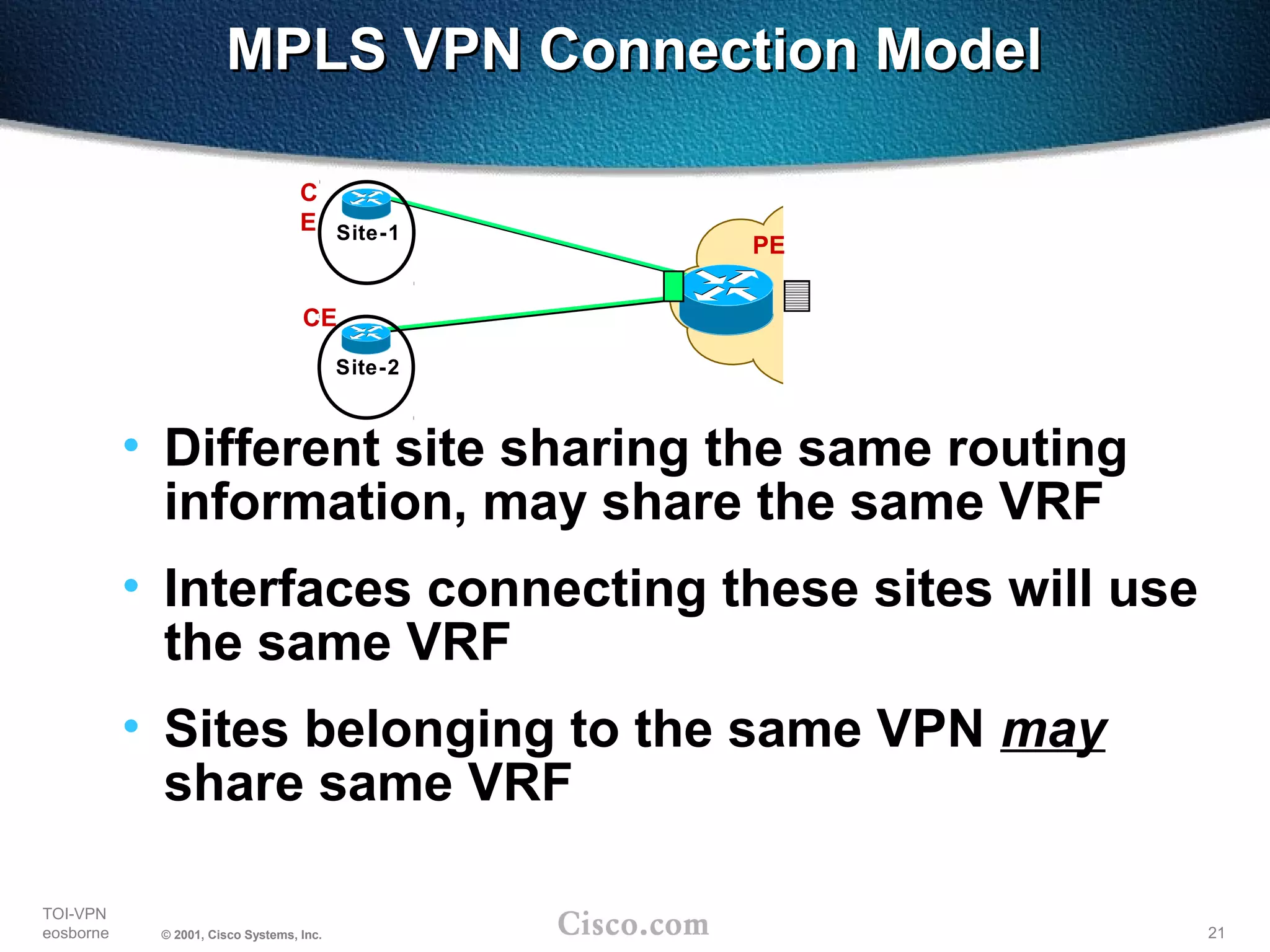21
TOI-VPN
eosborne © 2001, Cisco Systems, Inc.
MPLS VPN Connection ModelMPLS VPN Connection Model
• Different site sharing the same routing
information, may share the same VRF
• Interfaces connecting these sites will use
the same VRF
• Sites belonging to the same VPN may
share same VRF
PE
CE
C
E
Site-2
Site-1
 