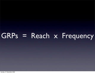 GRPs = Reach x Frequency



Sunday, 27 December 2009
 