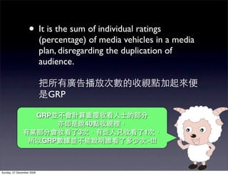 • It is the sum of individual ratings
                           (percentage) of media vehicles in a media
                           plan, disregarding the duplication of
                           audience.


                             GRP

                           GRP
                                         40
                                     3                1
                            GRP                        ~!!!



Sunday, 27 December 2009
 