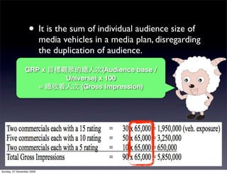 • It is the sum of individual audience size of
                           media vehicles in a media plan, disregarding
                           the duplication of audience.

                GRP x                        (Audience base /
                                  Universe) x 100
                           =          (Gross Impression)




Sunday, 27 December 2009
 