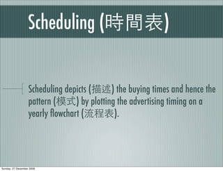 Scheduling (                             )


                   Scheduling depicts (      ) the buying times and hence the
                   pattern (     ) by plotting the advertising timing on a
                   yearly ﬂowchart (          ).




Sunday, 27 December 2009
 