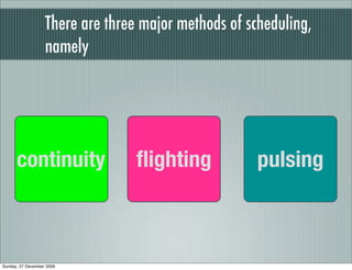 There are three major methods of scheduling,
                   namely




      continuity                  ﬂighting            pulsing



Sunday, 27 December 2009
 