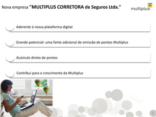 Nova empresa "MULTIPLUS CORRETORA de Seguros Ltda."
Aderente à nossa plataforma digital
Grande potencial: uma fonte adicional de emissão de pontos Multiplus
Acúmulo direto de pontos
Contribui para o crescimento da Multiplus
5
 