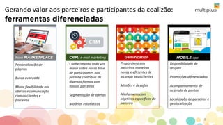 Gerando valor aos parceiros e participantes da coalizão:
Novo
Personalização de
páginas
Busca avançada
Maior flexibilidade nas
ofertas e comunicação
com os clientes e
parceiros
/ e-mail marketing
Conhecimento cada vez
maior sobre nossa base
de participantes nos
permite contribuir de
diversas formas com
nossos parceiros
Segmentação de ofertas
Modelos estatísticos
Proporciona aos
parceiros maneiras
novas e eficientes de
alcançar seus clientes
Missões e desafios
Alinhameno com
objetivos especificos do
parceiro
Disponibilidade de
resgate
Promoções diferenciadas
Acompanhamento de
acúmulo de pontos
Localização de parceiros e
geolocalização
app
8
 