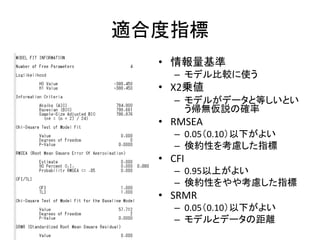 適合度指標
  • 情報量基準
     – モデル比較に使う
  • Χ2乗値
     – モデルがデータと等しいとい
       う帰無仮説の確率
  • RMSEA
     – 0.05（0.10）以下がよい
     – 倹約性を考慮した指標
  • CFI
     – 0.95以上がよい
     – 倹約性をやや考慮した指標
  • SRMR
     – 0.05（0.10）以下がよい
     – モデルとデータの距離
 