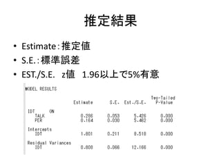推定結果
• Estimate：推定値
• S.E.：標準誤差
• EST./S.E. z値 1.96以上で5%有意
 