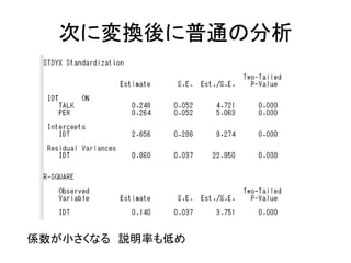 次に変換後に普通の分析




係数が小さくなる 説明率も低め
 