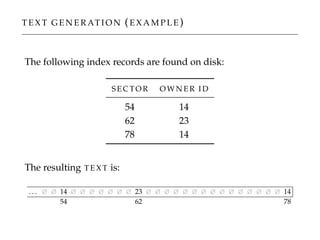 T E X T G E N E R AT I O N (E X A M P L E )
The following index records are found on disk:
S E C TO R O W N E R I D
54 14
62 23
78 14
The resulting T E X T is:
. . . ∅ ∅ 14 ∅ ∅ ∅ ∅ ∅ ∅ ∅ 23 ∅ ∅ ∅ ∅ ∅ ∅ ∅ ∅ ∅ ∅ ∅ ∅ ∅ ∅ ∅ 14
54 62 78
 
