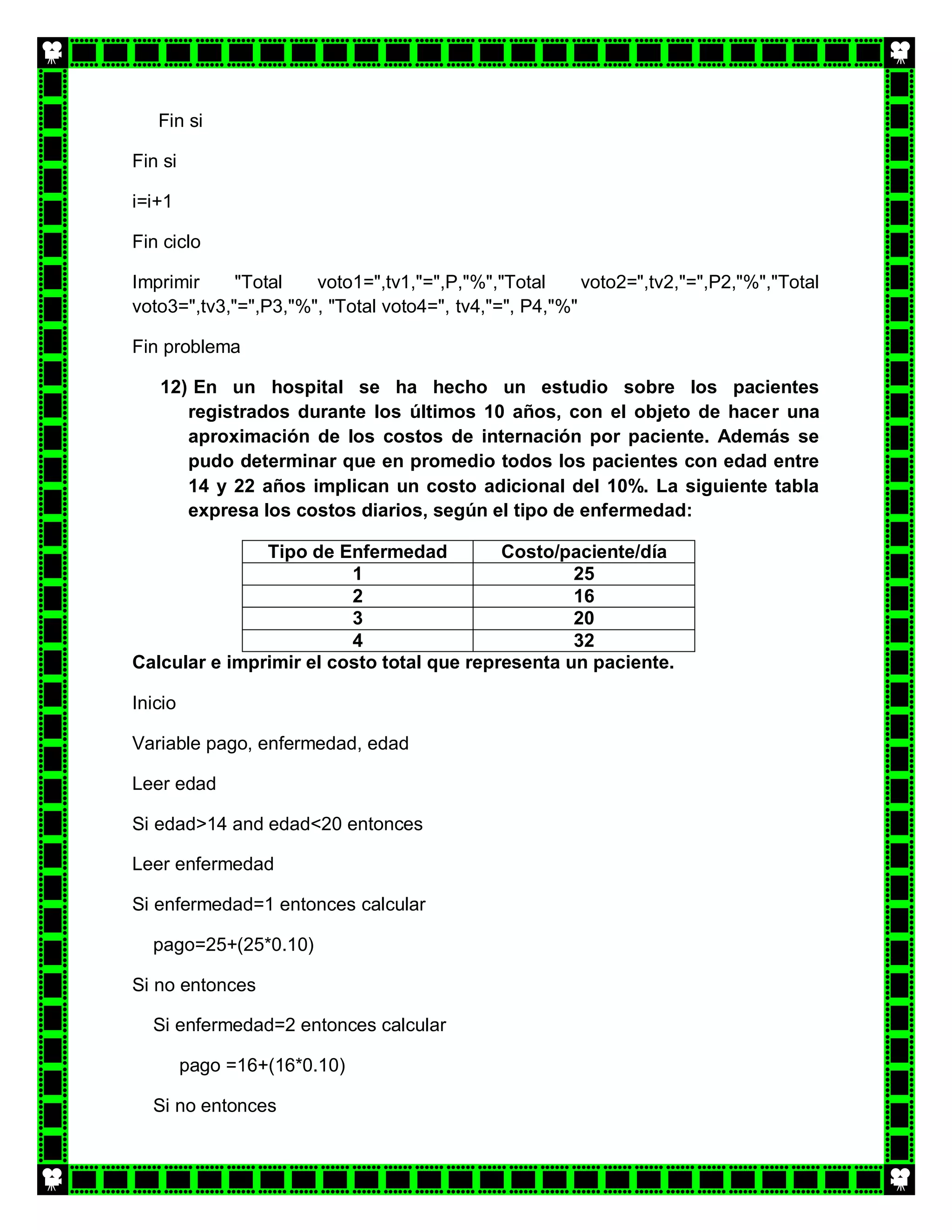 Fin si

Fin si

i=i+1

Fin ciclo

Imprimir     "Total   voto1=",tv1,"=",P,"%","Total      voto2=",tv2,"=",P2,"%","Total
voto3=",tv3,"=",P3,"%", "Total voto4=", tv4,"=", P4,"%"

Fin problema

   12) En un hospital se ha hecho un estudio sobre los pacientes
      registrados durante los últimos 10 años, con el objeto de hacer una
      aproximación de los costos de internación por paciente. Además se
      pudo determinar que en promedio todos los pacientes con edad entre
      14 y 22 años implican un costo adicional del 10%. La siguiente tabla
      expresa los costos diarios, según el tipo de enfermedad:

               Tipo de Enfermedad          Costo/paciente/día
                         1                         25
                         2                         16
                         3                         20
                         4                         32
Calcular e imprimir el costo total que representa un paciente.

Inicio

Variable pago, enfermedad, edad

Leer edad

Si edad>14 and edad<20 entonces

Leer enfermedad

Si enfermedad=1 entonces calcular

  pago=25+(25*0.10)

Si no entonces

  Si enfermedad=2 entonces calcular

         pago =16+(16*0.10)

  Si no entonces
 