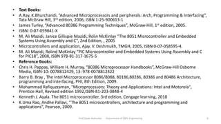 • Text Books:
• A.Ray, K.Bhurchandi, ”Advanced Microprocessors and peripherals: Arch, Programming & Interfacing”,
Tata McGraw Hill, 3rd edition, 2006, ISBN 1-25-900613-1
• James Turley, “Advanced 80386 Programming Techniques”, McGraw-Hill, 1st edition, 2005.
• ISBN: 0-07-059841-X
• M. Ali Mazidi, Janice Gillispie Mazidi, Rolin McKinlay “The 8051 Microcontroller and Embedded
Systems Using Assembly and C”, 2nd Edition, , 2005
• Microcontrollers and application, Ajay. V. Deshmukh, TMGH, 2005, ISBN 0-07-058595-4.
• M. Ali Mazidi, Rolind McKinlay “PIC Microcontroller and Embedded Systems Using Assembly and C
for PIC18”, 2008, ISBN 978-81-317-1675-5
• Reference Books:
• Chris H. Pappas, William H. Murray, “80386 Microprocessor Handbooks”, McGraw-Hill Osborne
Media, ISBN-10: 0078812429, 13: 978-0078812422
• Barry B. Bray , The Intel Microprocessor 8086/8088, 80186,80286, 80386 and 80486 Architecture,
programming and interfacing, PHI, 8th Edition, 2009.
• Mohammad Rafiquzzaman, "Microprocessors: Theory and Applications: Intel and Motorola",
Prentice Hall, Revised edition 1992,ISBN-81-203-0848-4
• Kenneth J. Ayala. The 8051 microcontroller, 3rd edition, Cengage learning, 2010
• K.Uma Rao, Andhe Pallavi, “The 8051 microcontrollers, architecture and programming and
applications”, Pearson, 2009.
Prof.Dipak Mahurkar Department of E&Tc Engineering 8
 