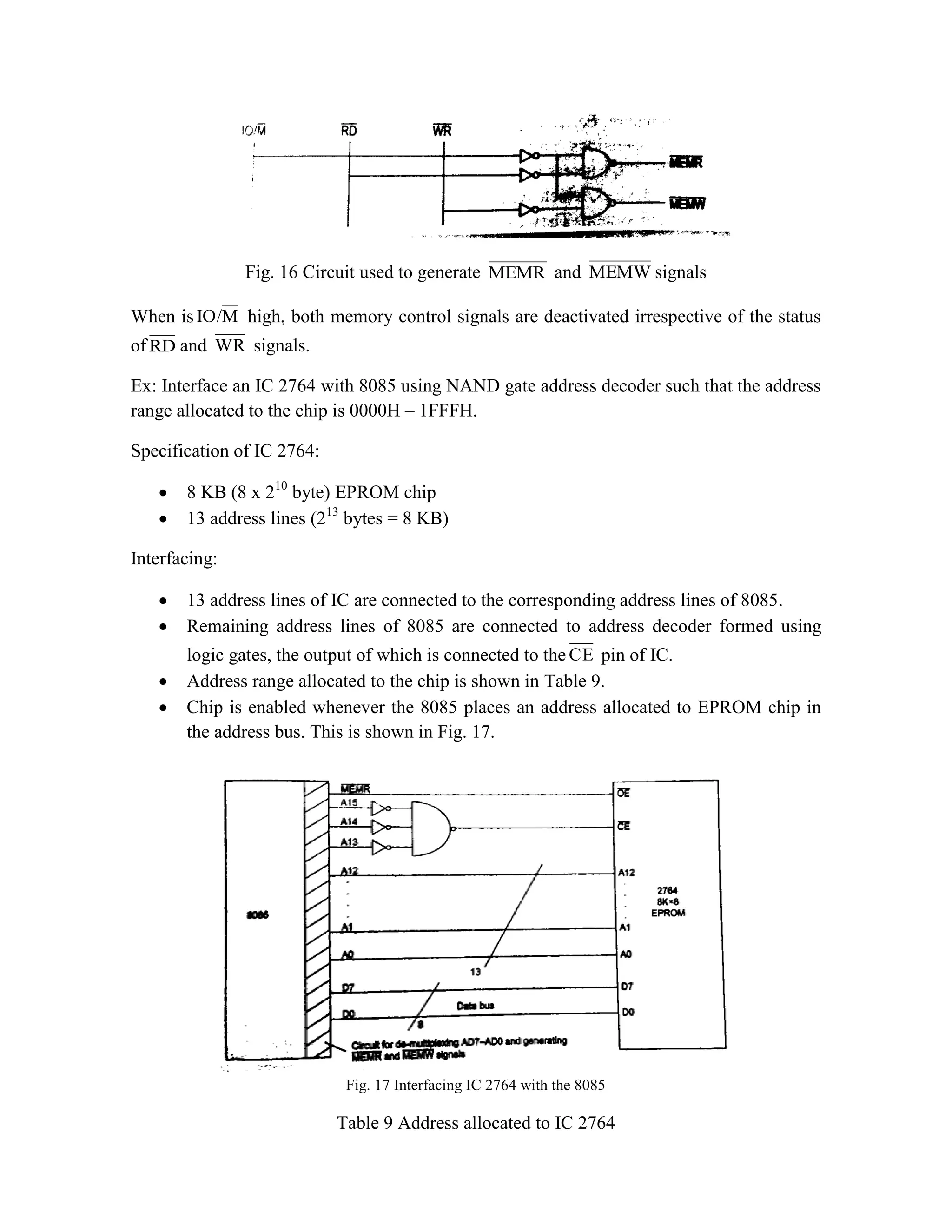 Fig. 16 Circuit used to generate MEMR and MEMW signals When is M IO/ high, both memory control signals are deactivated irrespective of the status of RD and WR signals. Ex: Interface an IC 2764 with 8085 using NAND gate address decoder such that the address range allocated to the chip is 0000H – 1FFFH. Specification of IC 2764:  8 KB (8 x 210 byte) EPROM chip  13 address lines (213 bytes = 8 KB) Interfacing:  13 address lines of IC are connected to the corresponding address lines of 8085.  Remaining address lines of 8085 are connected to address decoder formed using logic gates, the output of which is connected to the CE pin of IC.  Address range allocated to the chip is shown in Table 9.  Chip is enabled whenever the 8085 places an address allocated to EPROM chip in the address bus. This is shown in Fig. 17. Fig. 17 Interfacing IC 2764 with the 8085 Table 9 Address allocated to IC 2764 