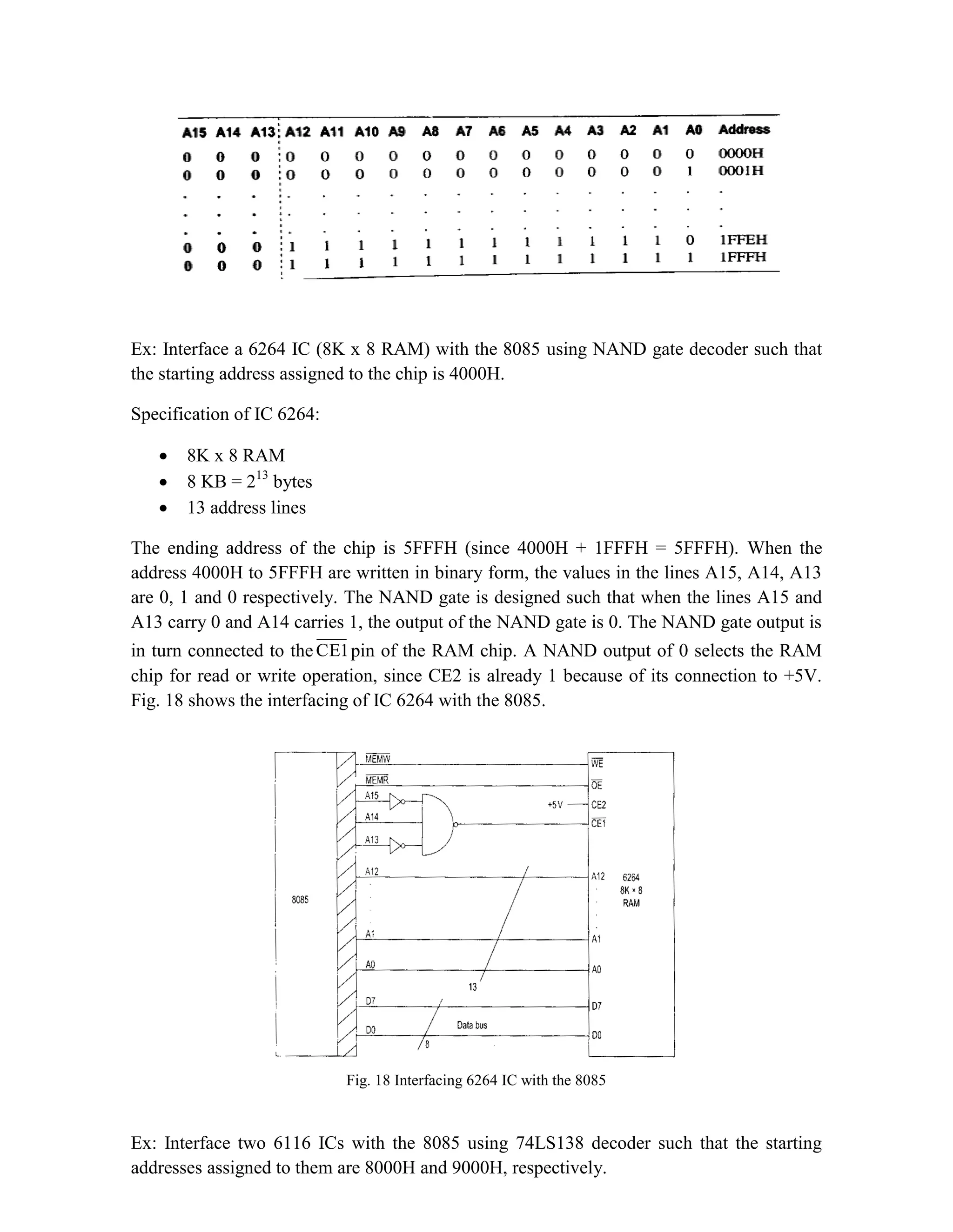 Ex: Interface a 6264 IC (8K x 8 RAM) with the 8085 using NAND gate decoder such that the starting address assigned to the chip is 4000H. Specification of IC 6264:  8K x 8 RAM  8 KB = 213 bytes  13 address lines The ending address of the chip is 5FFFH (since 4000H + 1FFFH = 5FFFH). When the address 4000H to 5FFFH are written in binary form, the values in the lines A15, A14, A13 are 0, 1 and 0 respectively. The NAND gate is designed such that when the lines A15 and A13 carry 0 and A14 carries 1, the output of the NAND gate is 0. The NAND gate output is in turn connected to the CE1pin of the RAM chip. A NAND output of 0 selects the RAM chip for read or write operation, since CE2 is already 1 because of its connection to +5V. Fig. 18 shows the interfacing of IC 6264 with the 8085. Fig. 18 Interfacing 6264 IC with the 8085 Ex: Interface two 6116 ICs with the 8085 using 74LS138 decoder such that the starting addresses assigned to them are 8000H and 9000H, respectively. 