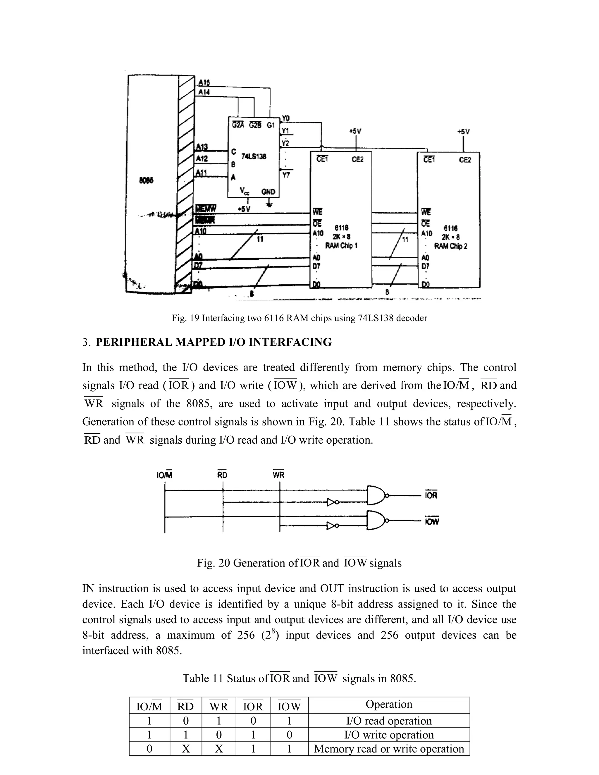 Fig. 19 Interfacing two 6116 RAM chips using 74LS138 decoder 3. PERIPHERAL MAPPED I/O INTERFACING In this method, the I/O devices are treated differently from memory chips. The control signals I/O read ( IOR ) and I/O write ( IOW ), which are derived from the M IO/ , RD and WR signals of the 8085, are used to activate input and output devices, respectively. Generation of these control signals is shown in Fig. 20. Table 11 shows the status of M IO/ , RD and WR signals during I/O read and I/O write operation. Fig. 20 Generation of IOR and IOW signals IN instruction is used to access input device and OUT instruction is used to access output device. Each I/O device is identified by a unique 8-bit address assigned to it. Since the control signals used to access input and output devices are different, and all I/O device use 8-bit address, a maximum of 256 (28 ) input devices and 256 output devices can be interfaced with 8085. Table 11 Status ofIOR and IOW signals in 8085. M IO/ RD WR IOR IOW Operation 1 0 1 0 1 I/O read operation 1 1 0 1 0 I/O write operation 0 X X 1 1 Memory read or write operation 