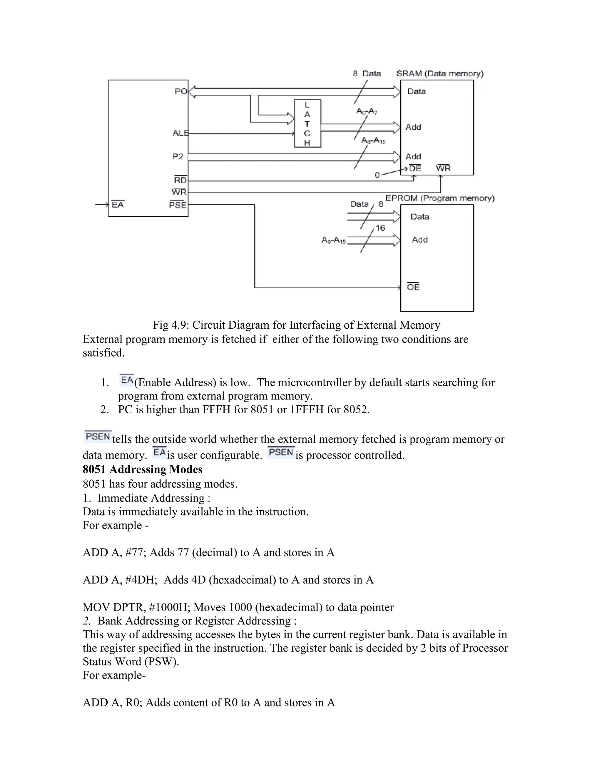 Fig 4.9: Circuit Diagram for Interfacing of External Memory External program memory is fetched if either of the following two conditions are satisfied. 1. (Enable Address) is low. The microcontroller by default starts searching for program from external program memory. 2. PC is higher than FFFH for 8051 or 1FFFH for 8052. tells the outside world whether the external memory fetched is program memory or data memory. is user configurable. is processor controlled. 8051 Addressing Modes 8051 has four addressing modes. 1. Immediate Addressing : Data is immediately available in the instruction. For example - ADD A, #77; Adds 77 (decimal) to A and stores in A ADD A, #4DH; Adds 4D (hexadecimal) to A and stores in A MOV DPTR, #1000H; Moves 1000 (hexadecimal) to data pointer 2. Bank Addressing or Register Addressing : This way of addressing accesses the bytes in the current register bank. Data is available in the register specified in the instruction. The register bank is decided by 2 bits of Processor Status Word (PSW). For example- ADD A, R0; Adds content of R0 to A and stores in A 