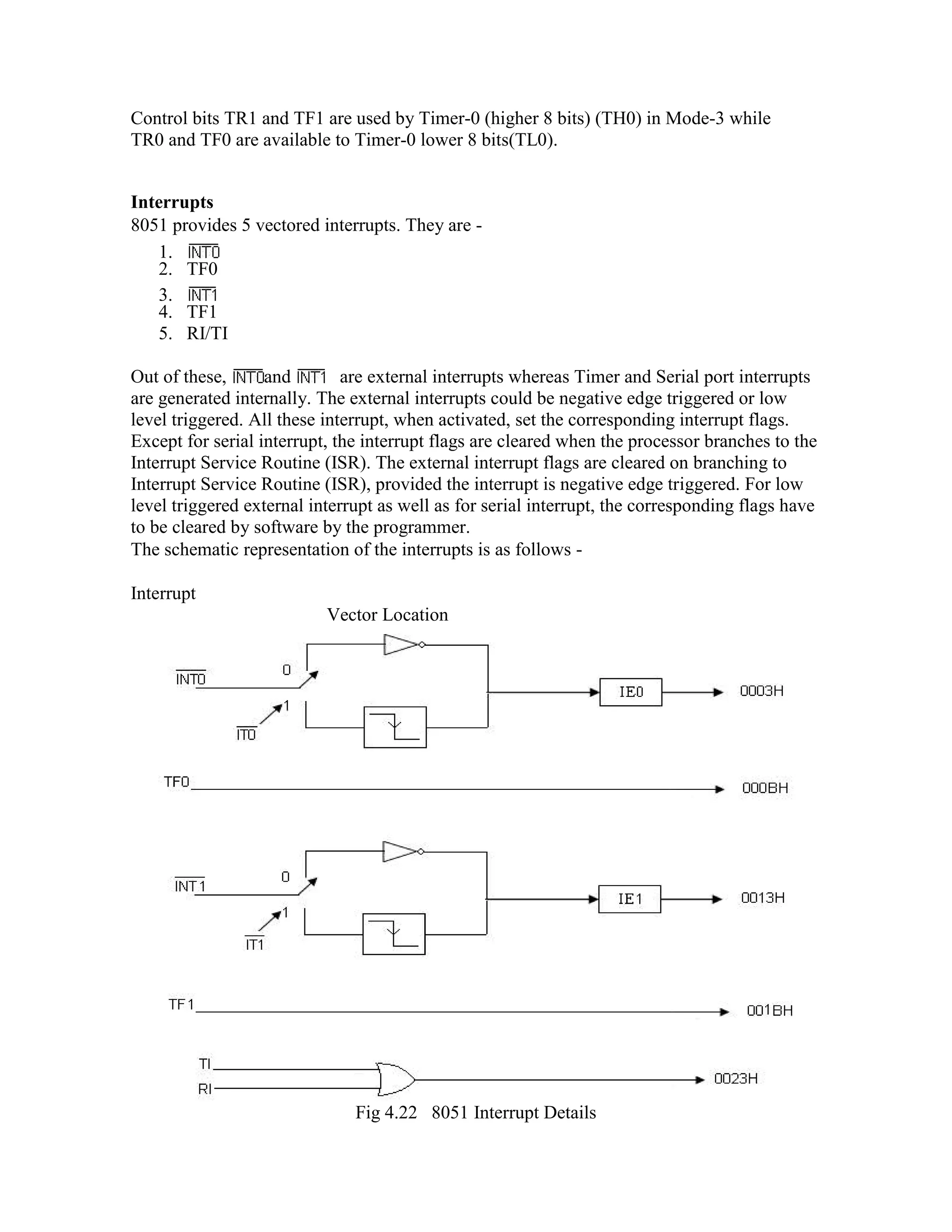 Control bits TR1 and TF1 are used by Timer-0 (higher 8 bits) (TH0) in Mode-3 while TR0 and TF0 are available to Timer-0 lower 8 bits(TL0). Interrupts 8051 provides 5 vectored interrupts. They are - 1. 2. TF0 3. 4. TF1 5. RI/TI Out of these, and are external interrupts whereas Timer and Serial port interrupts are generated internally. The external interrupts could be negative edge triggered or low level triggered. All these interrupt, when activated, set the corresponding interrupt flags. Except for serial interrupt, the interrupt flags are cleared when the processor branches to the Interrupt Service Routine (ISR). The external interrupt flags are cleared on branching to Interrupt Service Routine (ISR), provided the interrupt is negative edge triggered. For low level triggered external interrupt as well as for serial interrupt, the corresponding flags have to be cleared by software by the programmer. The schematic representation of the interrupts is as follows - Interrupt Vector Location Fig 4.22 8051 Interrupt Details 