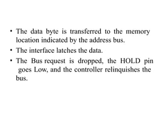 • The data byte is transferred to the memory
location indicated by the address bus.
• The interface latches the data.
• The Bus request is dropped, the HOLD pin
goes Low, and the controller relinquishes the
bus.
 