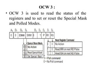 OCW 3 :
• OCW 3 is used to read the status of the
registers and to set or reset the Special Mask
and Polled Modes.
 