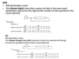 ROR
• ROR destination, count
• This (Rotate Right) instruction rotates the bits in the byte/word
destination operand to the right by the number of bits specified in the
count operand.
RCL
RCL destination, count
This (Rotate through Carry Left) instruction rotates the contents left through
carry by the specified number of bits in count operand.
 