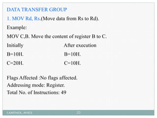 DATA TRANSFER GROUP
1. MOV Rd, Rs.(Move data from Rs to Rd).
Example:
MOV C,B. Move the content of register B to C.
Initially After execution
B=10H. B=10H.
C=20H. C=10H.
Flags Affected :No flags affected.
Addressing mode: Register.
Total No. of Instructions: 49
S.KARTHICK., AP/ECE 20
 