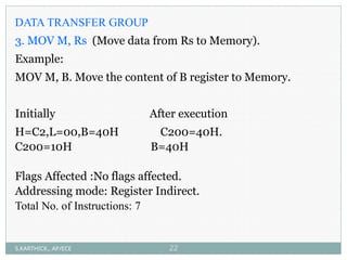 DATA TRANSFER GROUP
3. MOV M, Rs (Move data from Rs to Memory).
Example:
MOV M, B. Move the content of B register to Memory.
Initially After execution
H=C2,L=00,B=40H C200=40H.
C200=10H B=40H
Flags Affected :No flags affected.
Addressing mode: Register Indirect.
Total No. of Instructions: 7
S.KARTHICK., AP/ECE 22
 