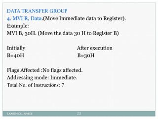 DATA TRANSFER GROUP
4. MVI R, Data.(Move Immediate data to Register).
Example:
MVI B, 30H. (Move the data 30 H to Register B)
Initially After execution
B=40H B=30H
Flags Affected :No flags affected.
Addressing mode: Immediate.
Total No. of Instructions: 7
S.KARTHICK., AP/ECE 23
 