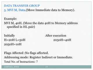 DATA TRANSFER GROUP
5. MVI M, Data.(Move Immediate data to Memory).
Example:
MVI M, 40H. (Move the data 40H to Memory address
specified in HL pair)
Initially After execution
H=20H L=50H 2050H=40H
2050H=10H
Flags Affected :No flags affected.
Addressing mode: Register Indirect or Immediate.
Total No. of Instructions: 7
S.KARTHICK., AP/ECE 24
 