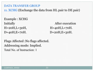 DATA TRANSFER GROUP
11. XCHG (Exchange the data from HL pair to DE pair)
Example : XCHG
Initially After execution
H=20H,L=30H, H=40H,L=70H.
D=40H,E=70H. D=20H,E=30H.
Flags Affected :No flags affected.
Addressing mode: Implied.
Total No. of Instruction: 1
S.KARTHICK., AP/ECE 30
 