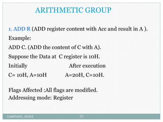 ARITHMETIC GROUP
1. ADD R (ADD register content with Acc and result in A ).
Example:
ADD C. (ADD the content of C with A).
Suppose the Data at C register is 10H.
Initially After execution
C= 10H, A=10H A=20H, C=10H.
Flags Affected :All flags are modified.
Addressing mode: Register
S.KARTHICK., AP/ECE 35
 