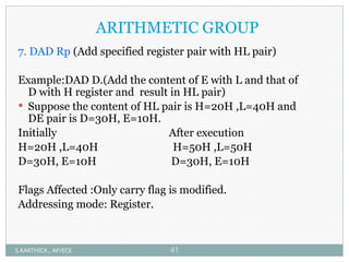 ARITHMETIC GROUP
7. DAD Rp (Add specified register pair with HL pair)
Example:DAD D.(Add the content of E with L and that of
D with H register and result in HL pair)
 Suppose the content of HL pair is H=20H ,L=40H and
DE pair is D=30H, E=10H.
Initially After execution
H=20H ,L=40H H=50H ,L=50H
D=30H, E=10H D=30H, E=10H
Flags Affected :Only carry flag is modified.
Addressing mode: Register.
S.KARTHICK., AP/ECE 41
 