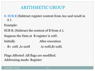 ARITHMETIC GROUP
8. SUB R (Subtract register content from Acc and result in
A ).
Example:
SUB B. (Subtract the content of B from A ).
Suppose the Data at B register is 10H .
Initially After execution
. B= 10H ,A=20H A=10H,B=10H.
Flags Affected :All flags are modified.
Addressing mode: Register
S.KARTHICK., AP/ECE 42
 