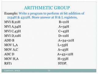 ARITHMETIC GROUP
Example: Write a program to perform 16 bit addition of
2134H & 4312H. Store answer at H & L registers.
MVI B,21H B=21H
MVI A,34H A=34H
MVI C,43H C=43H
MVI D,12H D=12H
ADD B A=34+21H
MOV L,A L=55H
MOV A,C A=43H
ADC D A=43+12H
MOV H,A H=55H
RST1 STOP.
S.KARTHICK., AP/ECE 56
 