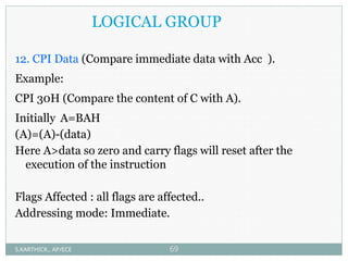 LOGICAL GROUP
12. CPI Data (Compare immediate data with Acc ).
Example:
CPI 30H (Compare the content of C with A).
Initially A=BAH
(A)=(A)-(data)
Here A>data so zero and carry flags will reset after the
execution of the instruction
Flags Affected : all flags are affected..
Addressing mode: Immediate.
S.KARTHICK., AP/ECE 69
 
