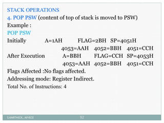STACK OPERATIONS
4. POP PSW (content of top of stack is moved to PSW)
Example :
POP PSW
Initially A=1AH FLAG=2BH SP=4051H
4053=AAH 4052=BBH 4051=CCH
After Execution A=BBH FLAG=CCH SP=4053H
4053=AAH 4052=BBH 4051=CCH
Flags Affected :No flags affected.
Addressing mode: Register Indirect.
Total No. of Instructions: 4
S.KARTHICK., AP/ECE 92
 