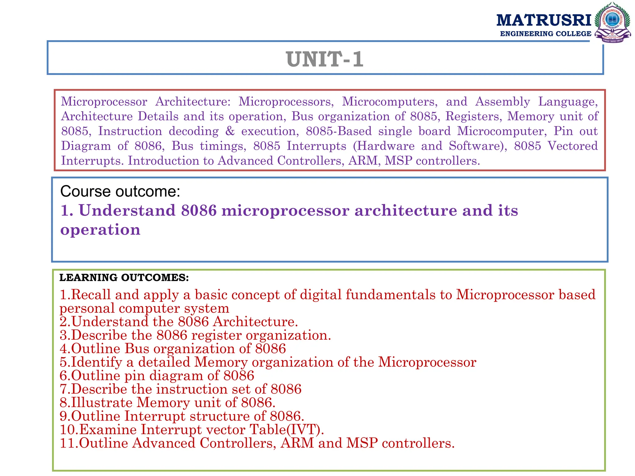 UNIT-1
Microprocessor Architecture: Microprocessors, Microcomputers, and Assembly Language,
Architecture Details and its operation, Bus organization of 8085, Registers, Memory unit of
8085, Instruction decoding & execution, 8085-Based single board Microcomputer, Pin out
Diagram of 8086, Bus timings, 8085 Interrupts (Hardware and Software), 8085 Vectored
Interrupts. Introduction to Advanced Controllers, ARM, MSP controllers.
LEARNING OUTCOMES:
1.Recall and apply a basic concept of digital fundamentals to Microprocessor based
personal computer system
2.Understand the 8086 Architecture.
3.Describe the 8086 register organization.
4.Outline Bus organization of 8086
5.Identify a detailed Memory organization of the Microprocessor
6.Outline pin diagram of 8086
7.Describe the instruction set of 8086
8.Illustrate Memory unit of 8086.
9.Outline Interrupt structure of 8086.
10.Examine Interrupt vector Table(IVT).
11.Outline Advanced Controllers, ARM and MSP controllers.
MATRUSRI
ENGINEERING COLLEGE
Course outcome:
1. Understand 8086 microprocessor architecture and its
operation
 